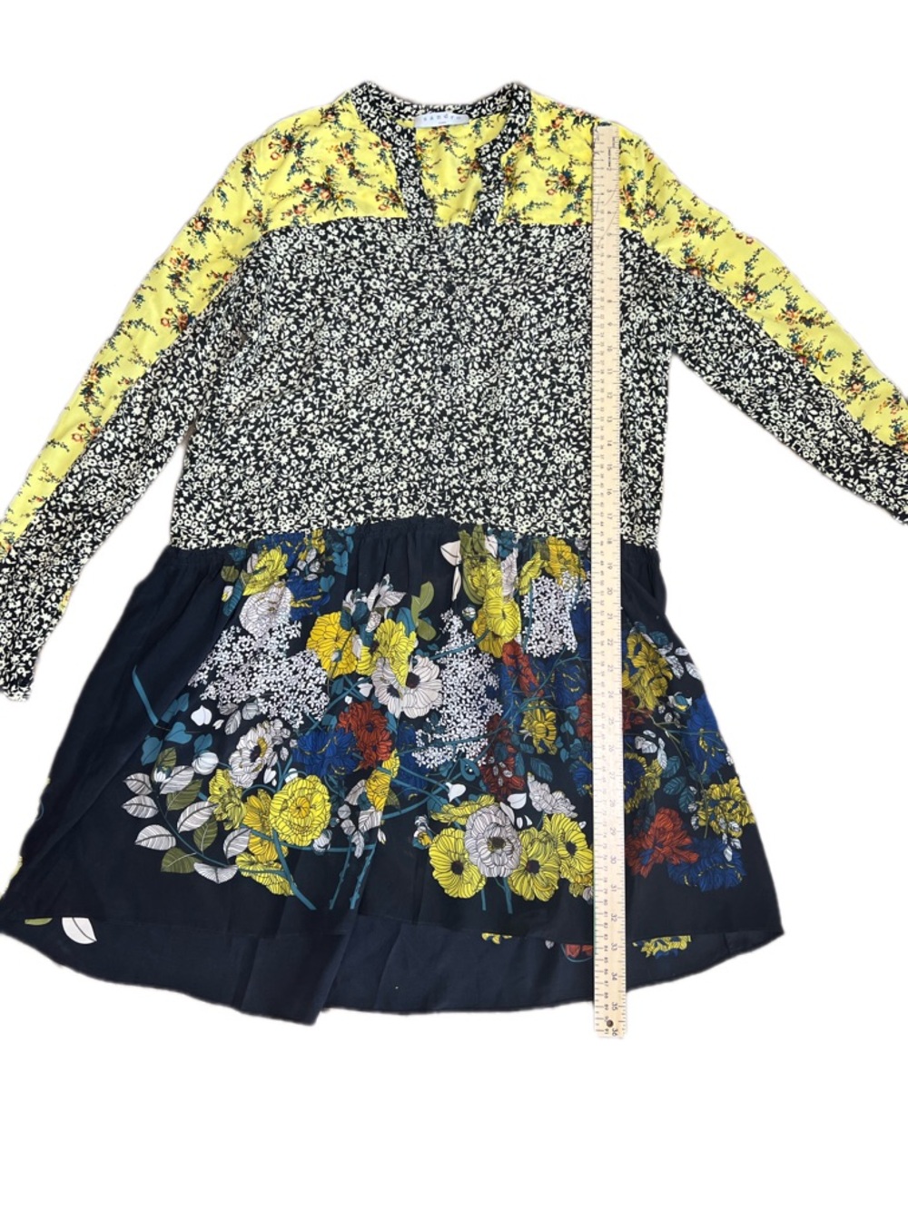 Sandro Floral Patchwork Mini Dress Yellow Black Long Sleeve Boho Size 2 - Picture 8 of 13
